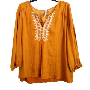 Dolan Anthropologie Embroidered Mustard Yellow Alvia Peasant Top Size XL